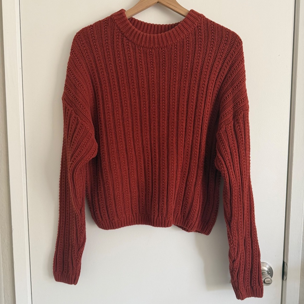 Rust Orange Ribbed Knit Crewneck Sweater Medium Granolagirl Barncore Fallstyle